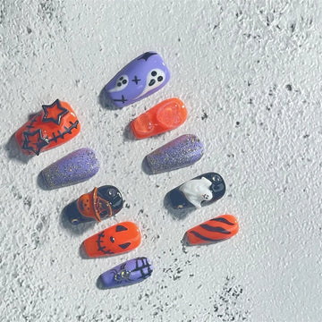 Qfdian Halloween Handmade Press on Nails y2k Pumpkin Full Cover Fake Nails Spice Girls Glitter Wearable Nail Tips Manicure Mixing Color